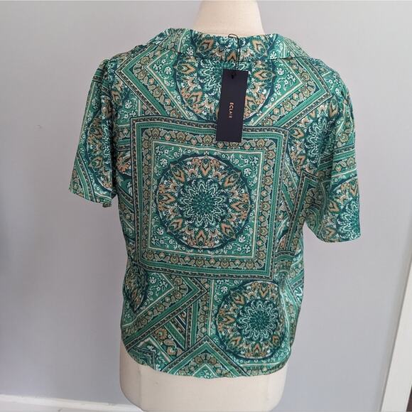 NEW Women's Eclair Green Paisley Silky Button Down Knot Front Blouse Large - Picture 3 of 7